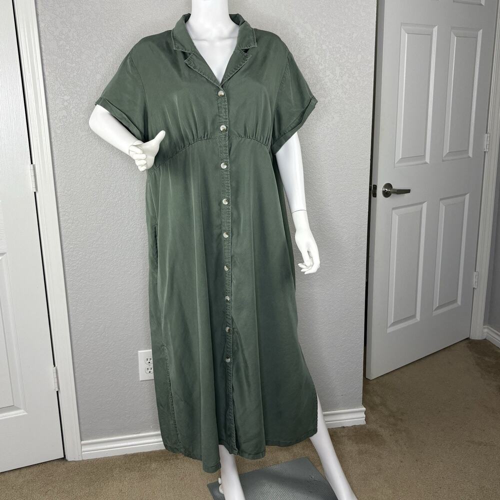 Women’s Midi Shirtdress Dress Pockets Utility Safari Olive Green Size 1X